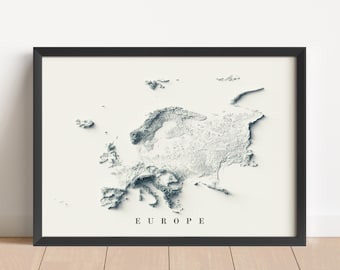 Minimalistische reliëfkaart van Europa | Muurdecoratie Europa | Ingelijste print van Europa | Antieke wanddecoratie | Topografische kaart als cadeau | GEEN 3D-KAART