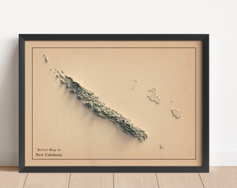 New Caledonia Minimalist Relief Map | New Caledonia Wall Art | Framed Print | Antique Wall Decor | Topographic Map Gift | NOT A 3D MAP