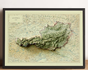 Österreich Karte - Österreich Reliefkarte - Vintage Landkarte Österreich - Österreich Map - Österreich Karte - Österreich Wand dekor - Alpen Karte - Alpen Druck