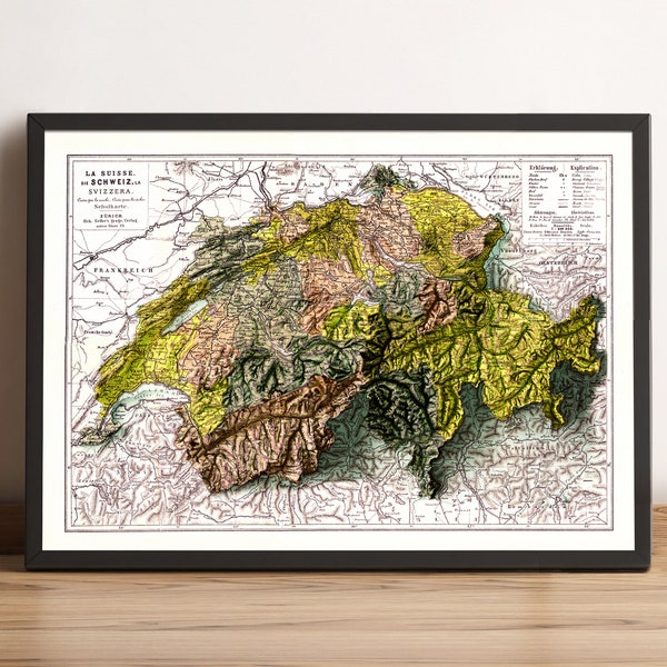 Switzerland Map - Relief map of Switzerland - Historical Switzerland Map - Old Map of La Suisse - Vintage Map of Schweiz