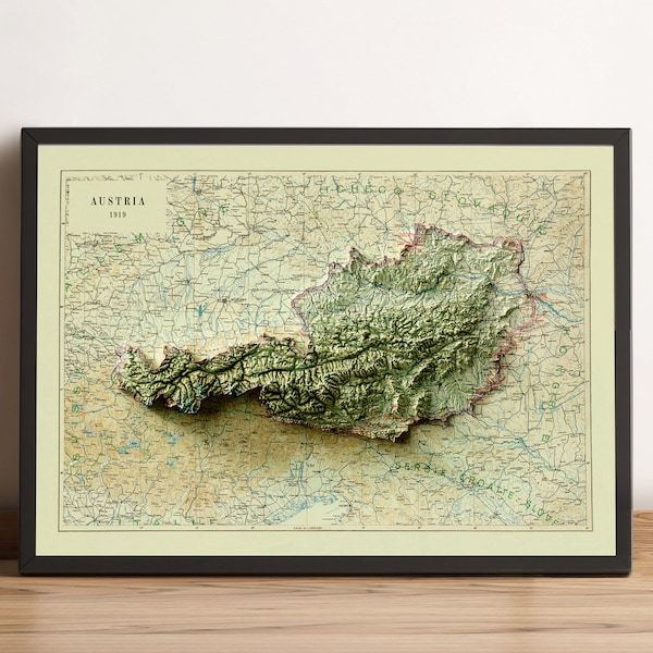 Austria Map - Austria Relief Map - Vintage Map of Austria - Österreich Map - Austria Print - Austria Wall Decor - Alps Map - Alps Print