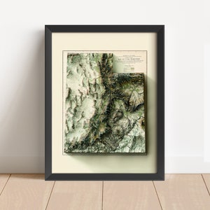 Utah Vintage Relief-Karte, basierend auf der Vorlage von 1878 | Utah Wand Kunst & Home Decor | Gerahmter Druck | Topographische Karte Geschenk | KEINE 3D-KARTE