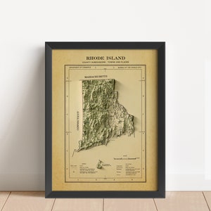 Rhode Island Vintage Relief-Karte, basierend auf Original von 1971 | Wand Kunst & Home Decor | Gerahmter Druck | Topographische Karte Geschenk | KEINE 3D-KARTE