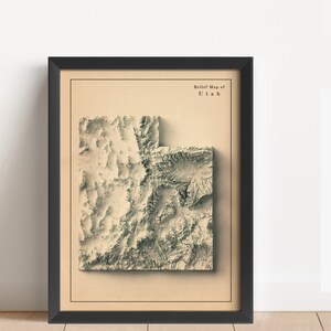 Utah Minimalistische Reliefkarte | Utah Wandkunst | Utah gerahmter Druck | Antikes Wanddekor | Topographische Karte Geschenk | KEINE 3D-KARTE