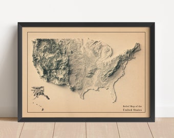 May include: Framed relief map of the United States, showcasing the country's topography in shades of gray. The map is set against a tan background and enclosed in a black frame. The text "Relief Map of the United States" is printed at the bottom.