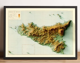 Sicily Map - Sicily Relief Map - Sicilia Wall Decor - Vintage Map of Sicily - Sicily 3D Map - Sicily Old Map - Sicily Topo Map - Sicily Wall