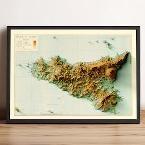 Sicily Map Sicily Relief Map Sicilia Wall Decor Vintage Map of Sicily Sicily 3D Map Sicily Old Map Sicily Topo Map Sicily Wall image 1