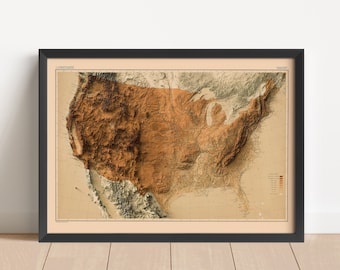 May include: A vintage map of the United States showing the topography of the country. The map is in shades of brown and beige and includes a key showing the elevation of different areas.