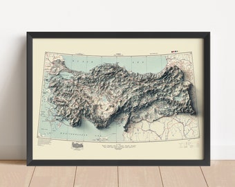May include: Framed vintage map of Turkey, featuring a 3D relief effect. The map is in shades of gray, beige, and blue, with red lines indicating roads and borders. The map is set in a black frame.