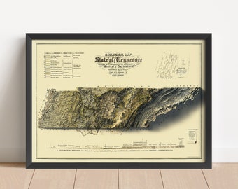 May include: A vintage geological map of the State of Tennessee, showing the surface of the state and its mineral and agricultural resources. The map is in shades of brown, green, and blue, with a key to the different geological formations.