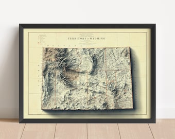 May include: A vintage-style relief map of the Territory of Wyoming, showing the state's topography with brown and green shading. The map is framed in black and has a white background.