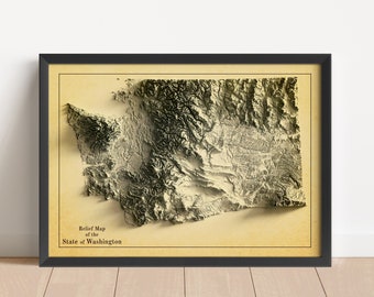 May include: A vintage-style relief map of the state of Washington, showing the topography of the state in a 3D perspective. The map is printed on cream-coloured paper and framed in black.