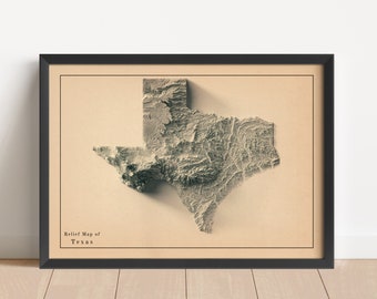 Texas Minimalist Relief Map | Texas Wall Art | Texas Framed Print | Antique Wall Decor | Topographic Map Gift | NOT A 3D MAP