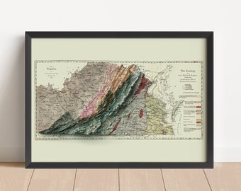 Virginias geologiska vintage reliefkarta, baserad på originalet från 1874 | Väggkonst och heminredning | Topografiskt inramat tryck | INTE EN 3D-KARTA