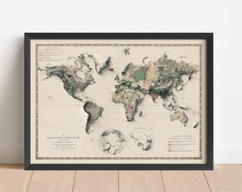 世界地図、世界の2D立体地図、世界のヴィンテージ地図、世界のポスター