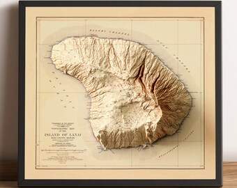 Lanai Island Map - Hawaii Map - Lanai Relief Map - Lanai Vintage Map - Hawaiian Islands Map - Lanai Print - Lanai Old Map - Lanai Topo Map