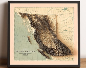 British Columbia, Canada Map - British Columbia Relief Map - British Columbia Vintage Map - British Columbia Art - BC Map - BC Relief Map