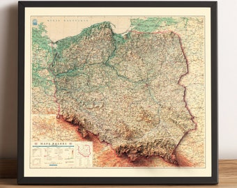 Poland Map - Poland Relief Map - Poland Vintage Map - Poland Art - Poland Wall Art - Poland Printable Map - Polska Map - Poland Digital Map
