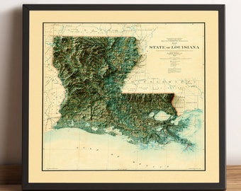 Louisiana Map - Relief Map of Louisiana - Louisiana Old Map - Vintage Map of Louisiana - Louisiana Historical Map - Louisiana Print