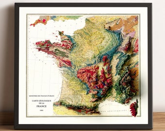Kaart van Frankrijk, Frankrijk 3D-kaart, Frankrijk Relief kaart, Frankrijk geologische kaart, kaart van Parijs, vintage kaart van Frankrijk, oude kaart van Frankrijk, Frankrijk Print, Frankrijk