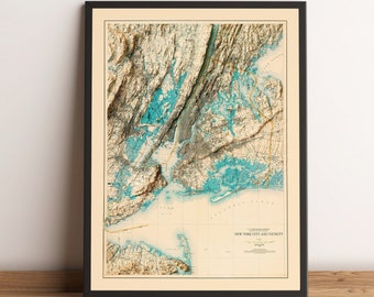 New York City Map - New York City Relief Map - New York Vintage Map - New York Print - New York Printable Art - New York Decoration