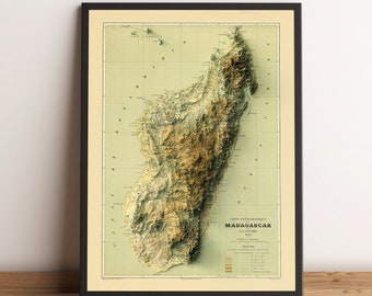 Mapa de Madagascar - Mapa en relieve de Madagascar - Mapa vintage de Madagascar - Impresión de Madagascar - Decoración de la pared de Madagascar - Arte africano de Madagascar