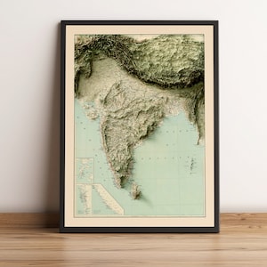 Carte de l'Inde - carte en relief de l'Inde - carte vintage de l'Inde - carte topographique de l'Inde - carte imprimée de l'Inde - impression de l'Inde - carte du Népal - carte du Bangladesh