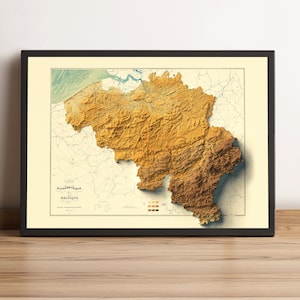 Belgium Vintage Relief Map, based on 1880 original | Belgium Wall Art & Home Decor | Framed Print | Topographic Map Gift | NOT A 3D MAP