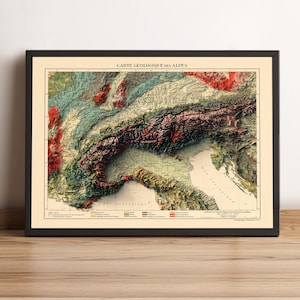 Vintage reliëfkaart Alpen, gebaseerd op origineel uit 1931 | Alpenmuurkunst en woondecoratie | Ingelijste print | Cadeau topografische kaart | GEEN 3D-KAART
