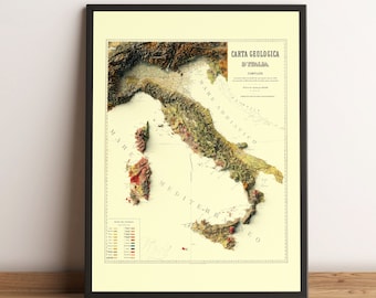 Italy Map, Italy Geologial Relief Map, Italy Vintage Map, Italy Old Map, Italy Topo Map, Italy Printable Map, Italy Wall Decor