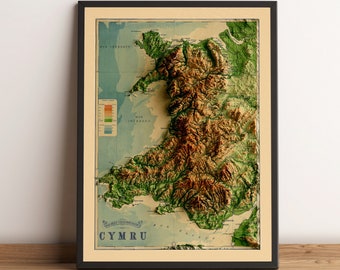 Wales Map, Wales Geological Map, Wales 3D Map, Wales Relief Map, Wales Vintage Map, Wales Old Map, UK Map, Cardiff, Swansea, Wales Old Map