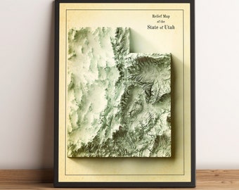 Mapa de Utah - Mapa en relieve de Utah - Mapa topográfico de Utah - Impresión de Utah - Mapa vintage de Utah - Regalo de Utah - Mapa enmarcado de Utah - Regalo de Utah - Impresión de las montañas de Utah