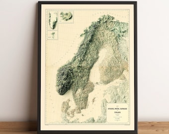 Scandinavia Map - Scandinavia Relief Map - Scandinavia Vintage Map - Scandinavia Print - Norway Map - Finland Map - Sweden Map - Denmark Map