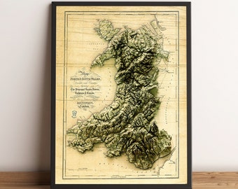 Wales Map - Relief Map of Wales - Wales Old Map - Historical Map of Wales - Vintage Map of Wales - Wales Print - Wales Wall Decor - Wales 3D