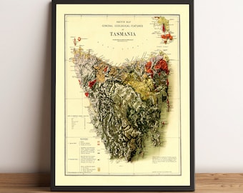 Tasmania Map - Relief Map of Tasmania - Geological Map of Tasmania - Tasmania Old Map - Vintage Map of Tasmania