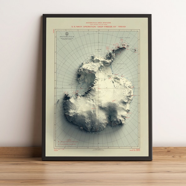Mapa de la Antártida - Mapa en Relieve de la Antártida - Mapa Vintage de la Antártida - Mapa Topo de la Antártida - Impresión de la Antártida - Decoración de la pared de la Antártida