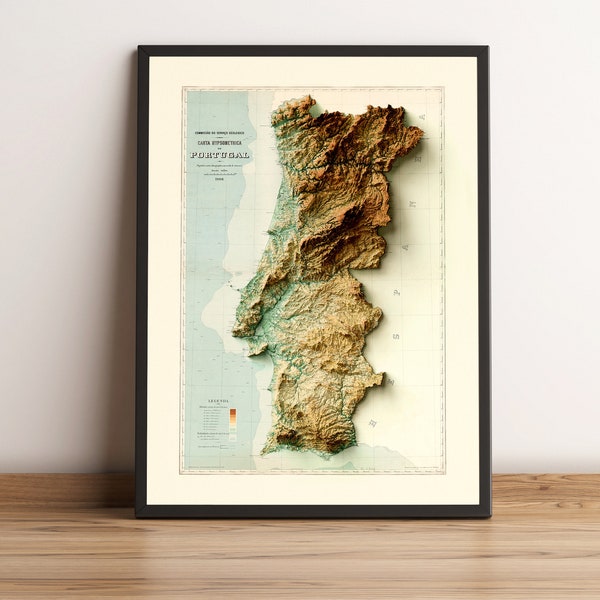 Kaart van Portugal - Portugal Relief Map - Vintage kaart van Portugal - 3D-kaart van Portugal - Oude kaart van Portugal - Topo-kaart van Portugal - Portugal Wall Decor