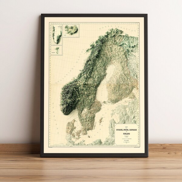 Scandinavia Map - Scandinavia Relief Map - Scandinavia Vintage Map - Scandinavia Print - Norway Map - Finland Map - Sweden Map - Denmark Map