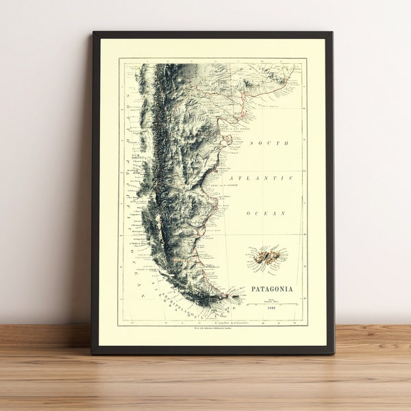 Patagonia Map, Patagonia Shaded Relief Map, Patagonia Print, Patagonia Vintage, Argentina Print, Chile Print, Andes Mountains Wall Decor