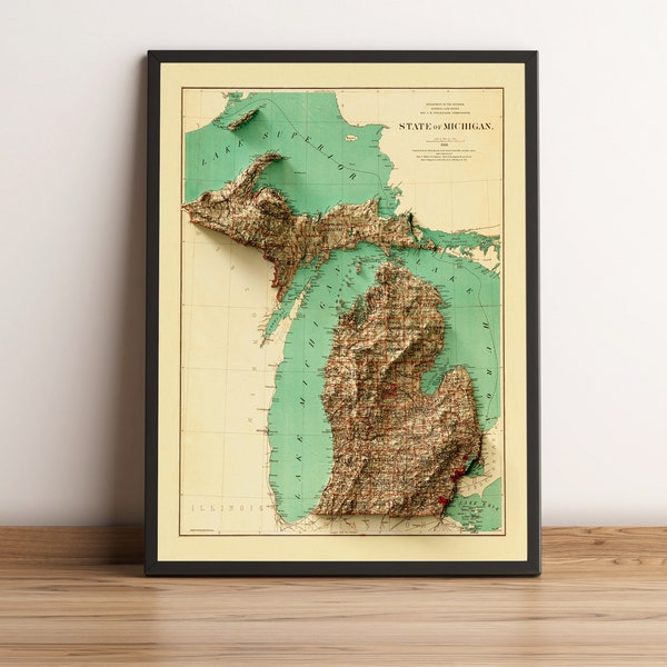Michigan Map - Michigan Relief Map - Vintage Map of Michigan - Michigan Print - Michigan Wall Art - Michigan Topo Map - Michigan Wall Art