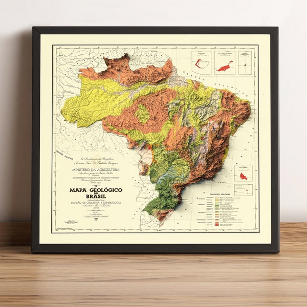 Map of Brazil - Relief Map of Brazil - Brazil Old Map - Vintage Map of Brazil - Brazil Geological Map - Brazil Historical Map - Brazil Wall