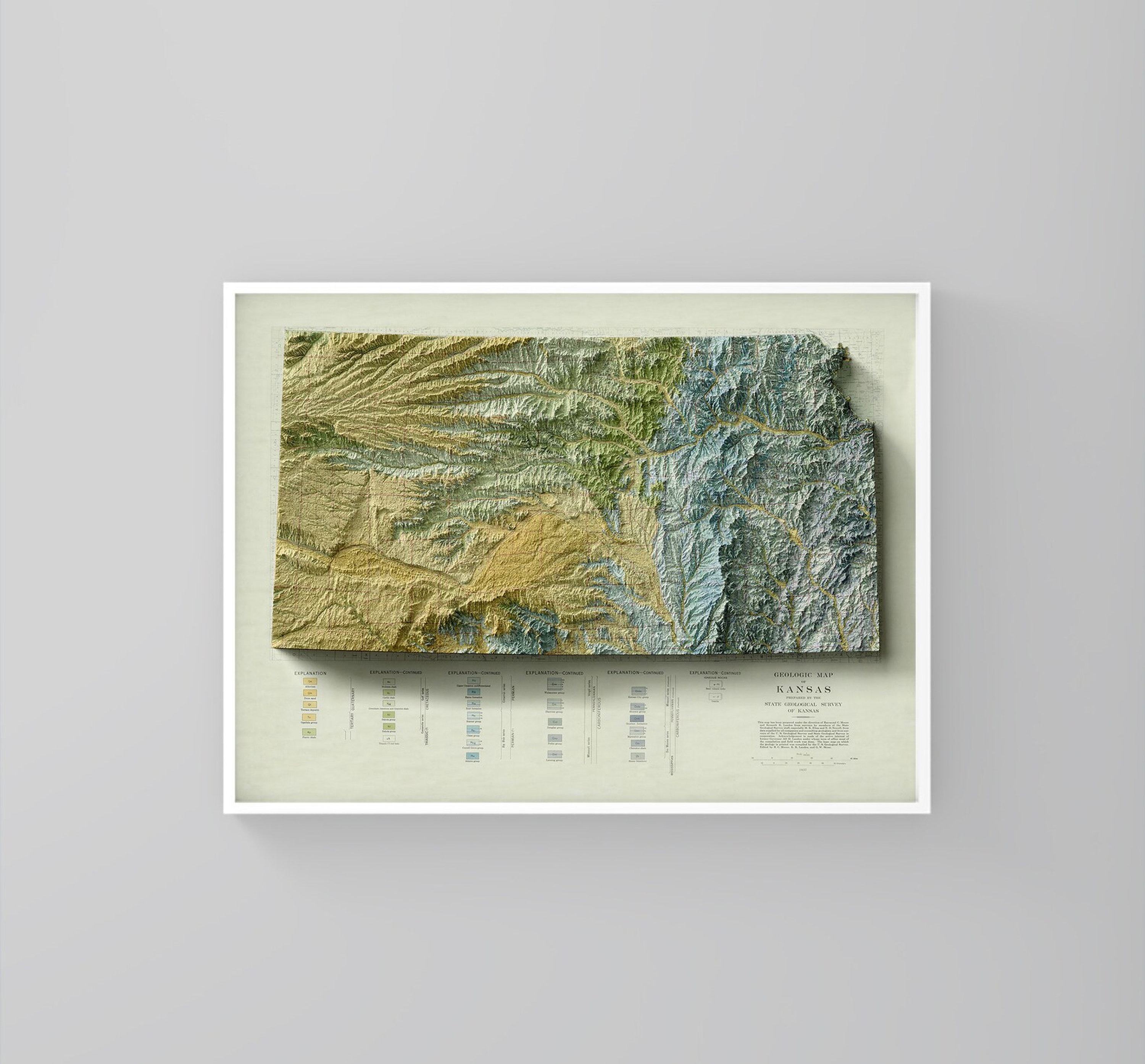 Topography Vector Kansas Kansas Geological Vintage Relief Map, Based on 1937 Original | Kansas ...