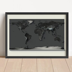 Carte du monde en relief ombrée avec tons sombres | Carte du monde encadrée | Art mural globe | Cadeau carte du monde topographique | PAS UNE CARTE 3D