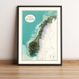 Carte en relief vintage de Norvège, basée sur l'original de 1900 | Art mural et décoration d'intérieur Norvège | Impression encadrée | Carte topographique en cadeau | PAS UNE CARTE 3D