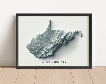 Minimalistisk reliefkarta över West Virginia | Väggkonst över West Virginia | Inramat tryck | Antik väggdekoration | Topografisk karta, gåva | INTE EN 3D-KARTA