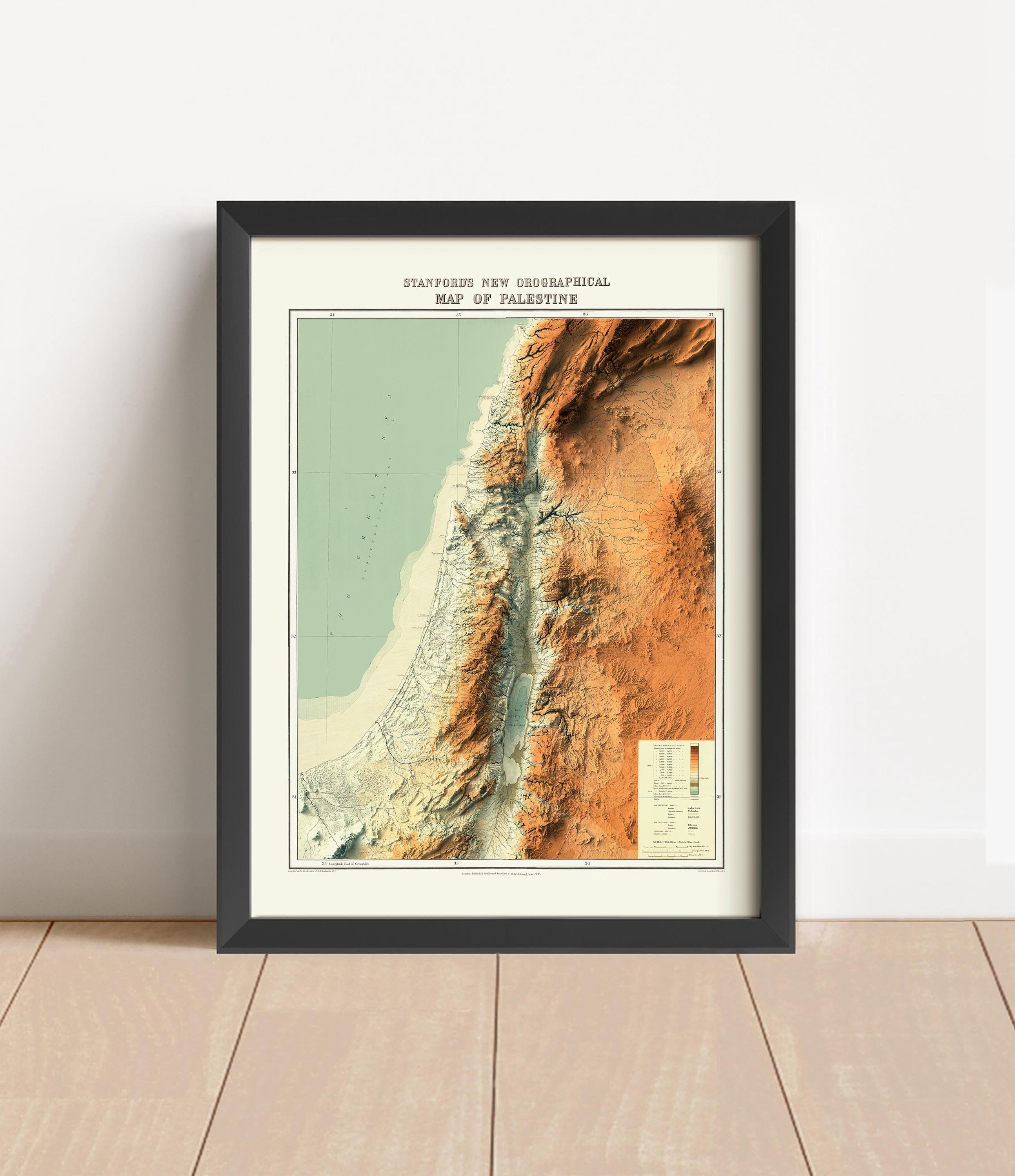 Palestine Vintage Relief Map, based on 1906 original | Palestine Wall Art & Home Decor | Framed Print | Topographic Map Gift | NOT A 3D MAP