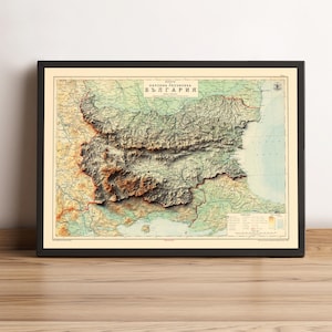 Bulgarien Vintage Reliefkarte, basierend auf der Vorlage von 1919 | Bulgarien Wand Kunst & Home Decor | Gerahmter Druck | Topographische Karte Geschenk | KEINE 3D-KARTE
