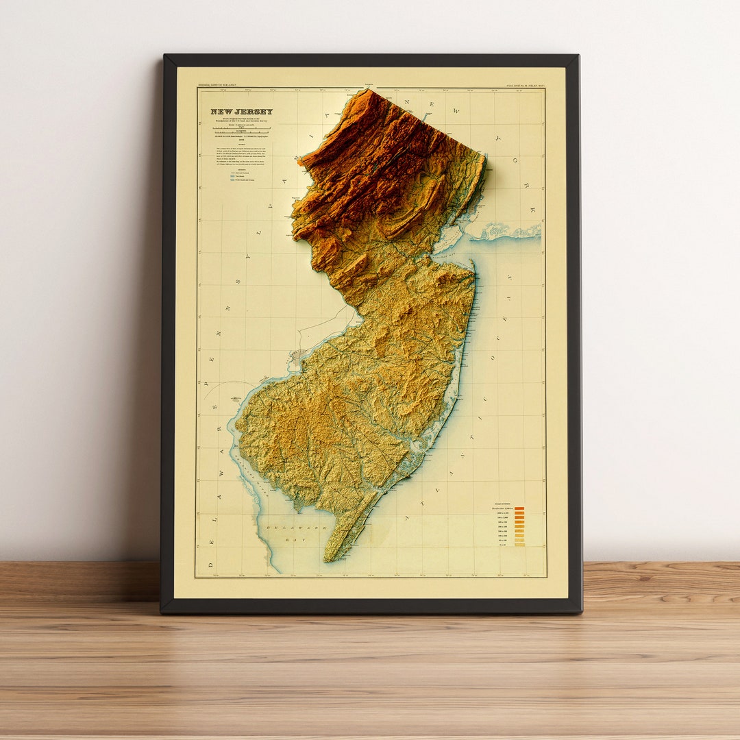 New Jersey Map New Jersey Relief Map Vintage Map of New Jersey New