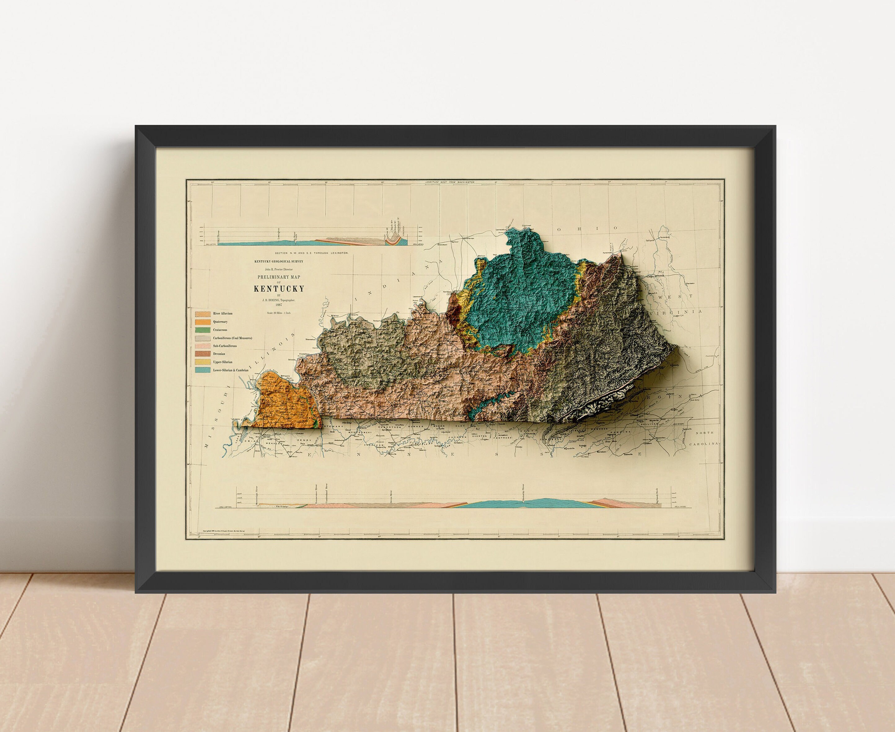 Kentucky Geological Vintage Relief Map, based on 1887 original | Wall Art & Home Decor Gift | Topographic Framed Print | NOT A 3D MAP