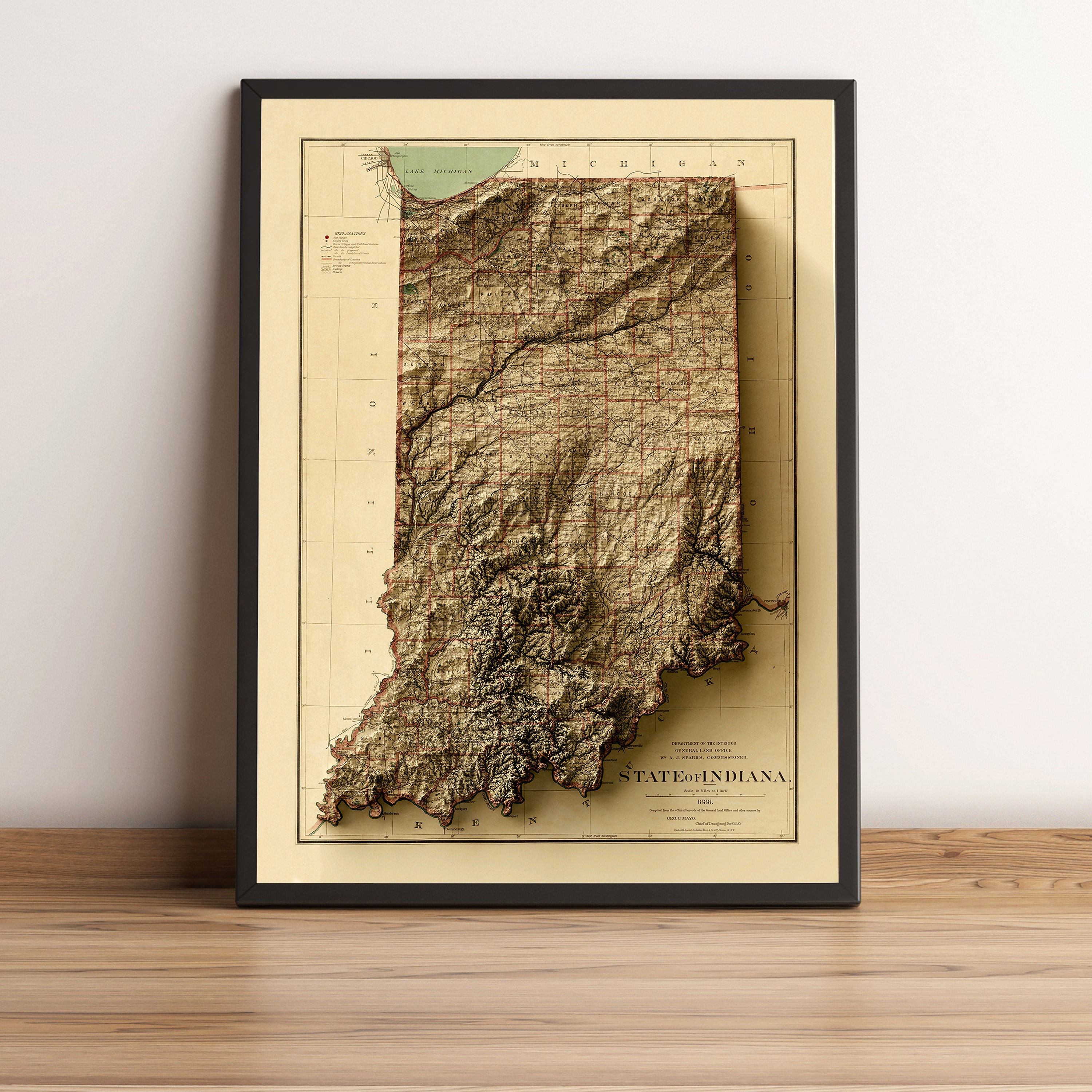 Indiana Art Topographic Indiana Wall Map Map of Indiana IN Map Indiana Decor Indiana Topographic Map